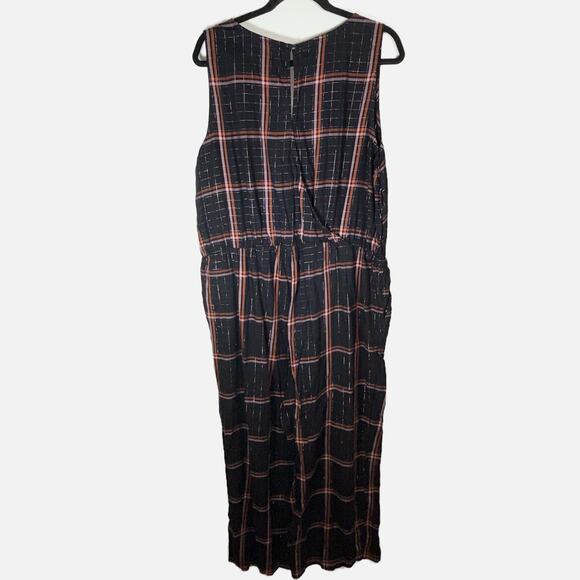 Old Navy XXL Plaid Sleeveless Jumpsuit Black Rust Cinched Waist Pockets FLAW - Picture 5 of 13